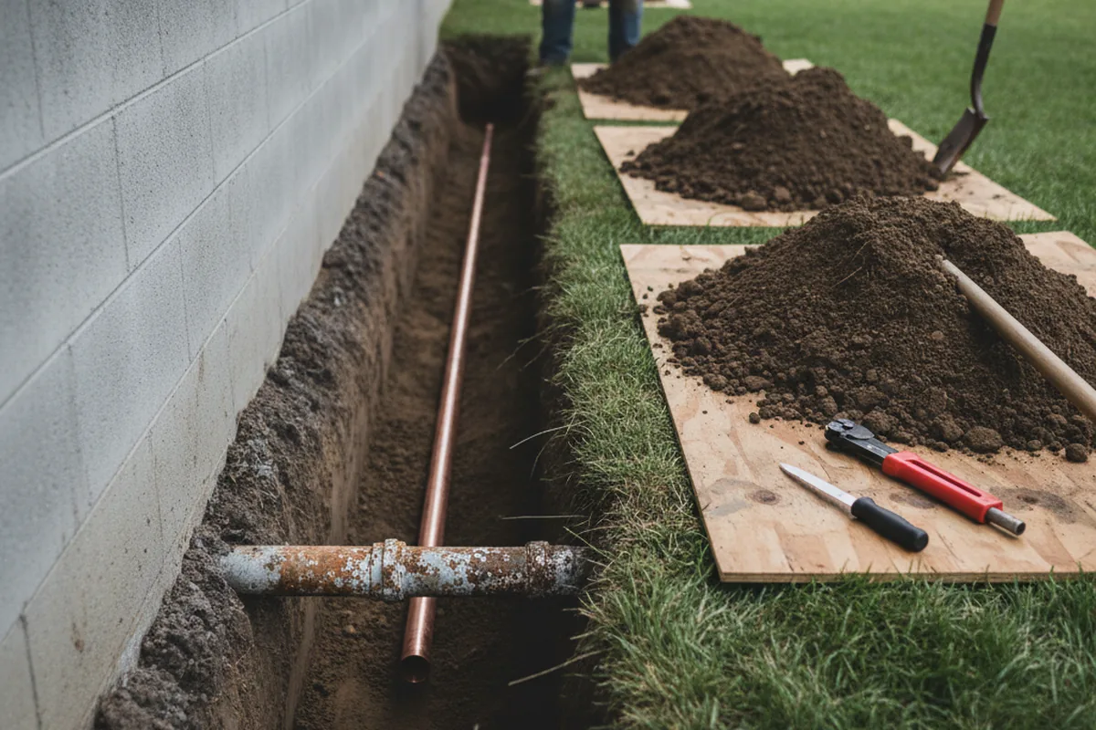 Excavated water line trench during Water Heater Repair in Sarahsville